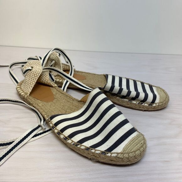 J Crew Nautical Espadrilles Stripe Black Ankle Wrap Ties Jute Size 8.5 - Picture 1 of 11